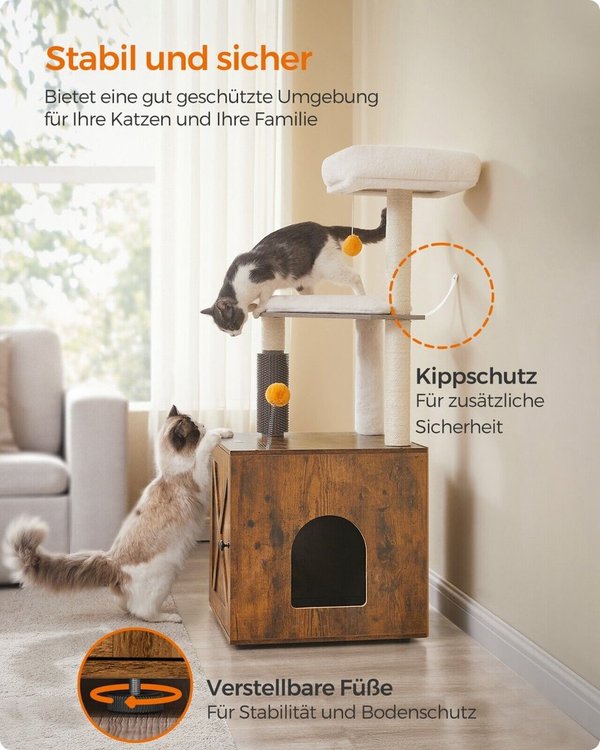 Kratzbaum mit Katzenklo-Schrank 134 cm+waschbarem Kissen